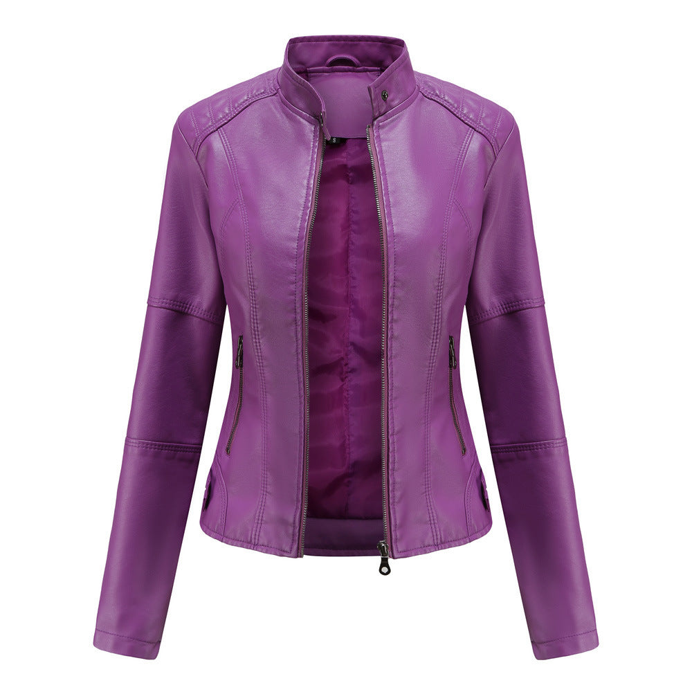 Faux leather jacket in beige for women featuring modern cut and stand-up collar

