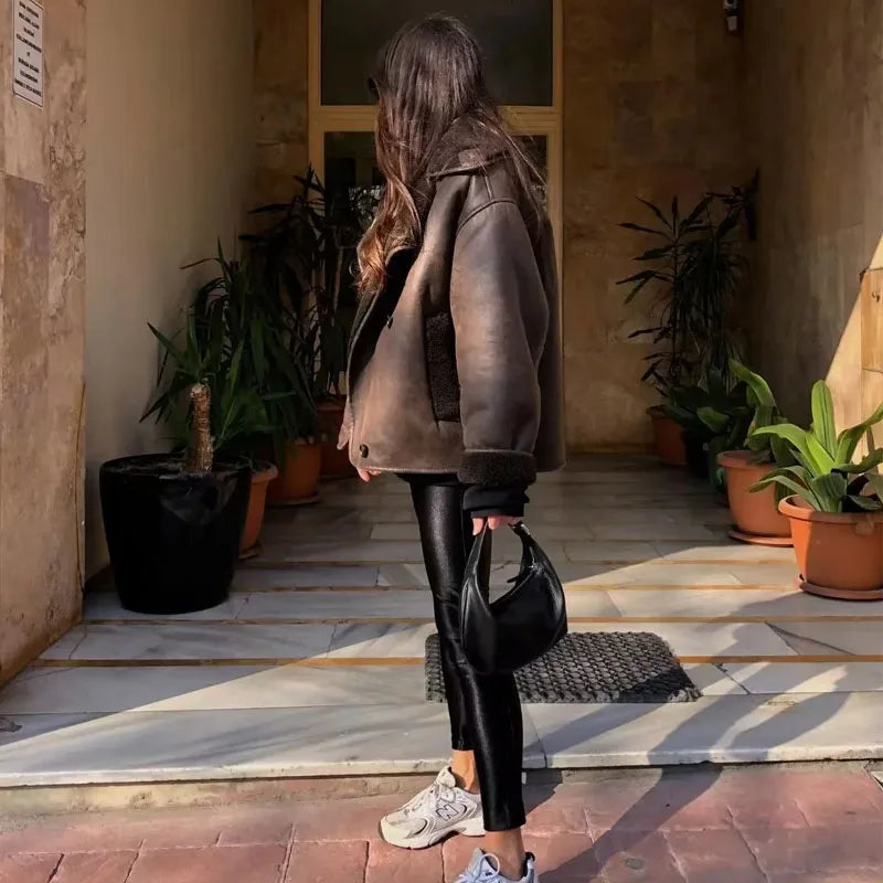 Faux leather jacket for women – cozy plush interior, pockets