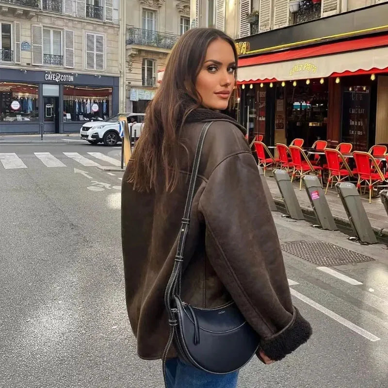 Faux leather jacket for women – turn-down collar, sleek fit