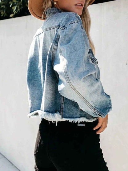 Distressed Denim Jacket for Women – Raw Hem, Trendy Fit