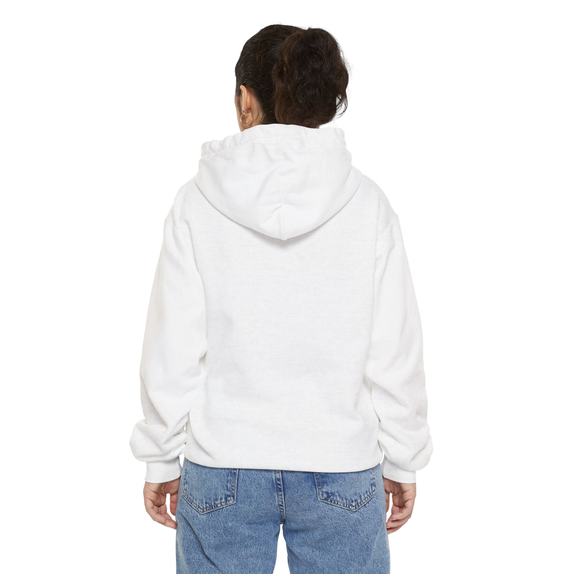 Female model in white Bear Graphic Hoodie, Unisex Sweatshirt showcasing ribbed cuffs

