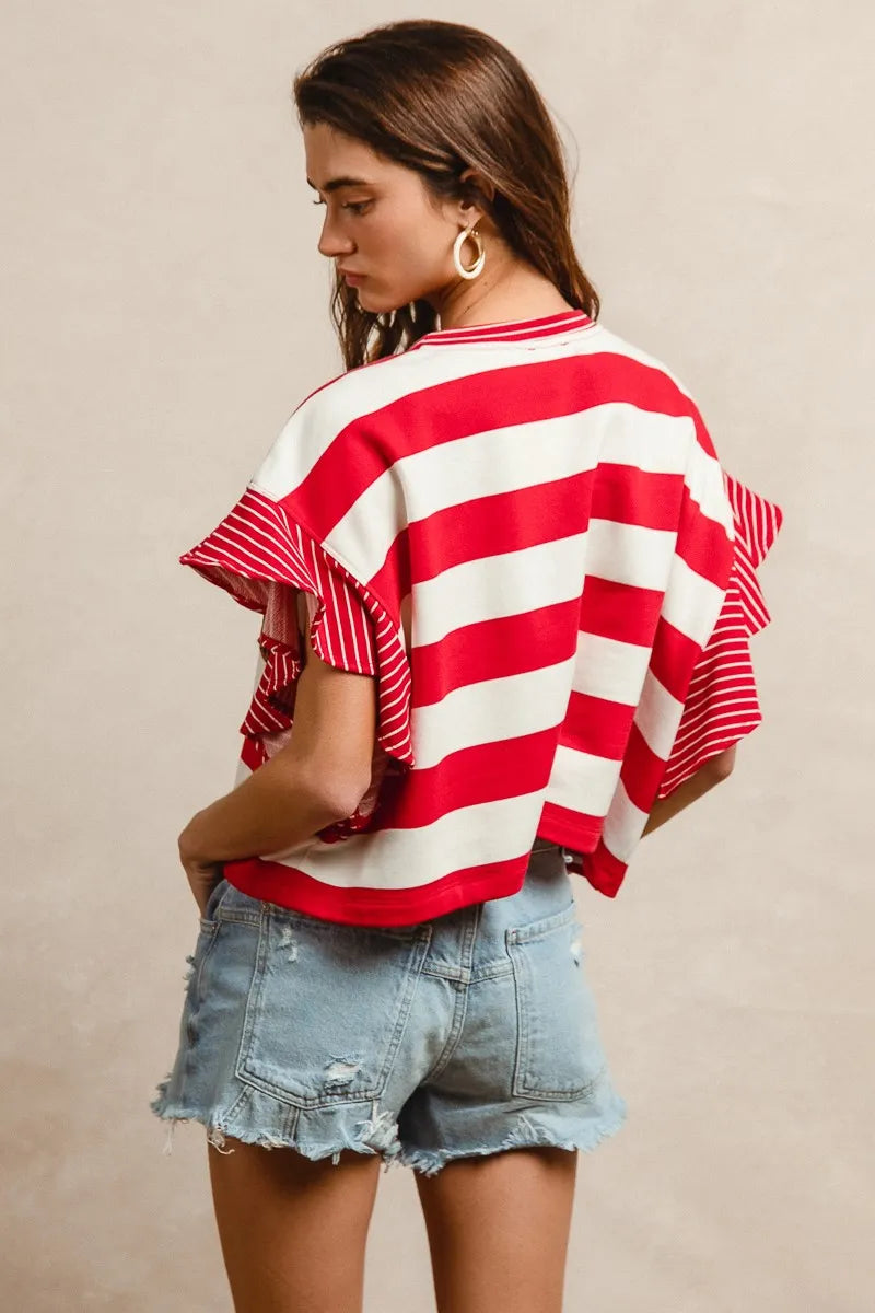 Feminine BiBi ruffle sleeve top with eye-catching stripe and leopard design







