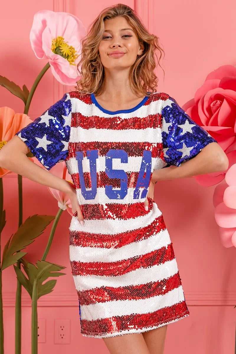Festive USA flag sequin dress displayed with July 4th decorations

