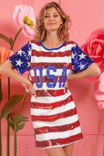 USA Flag Sequin Dress - Patriotic Sparkle for July 4th