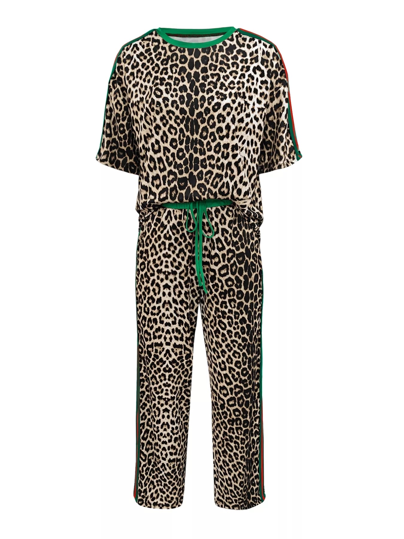 Fierce Leopard Print Two-Piece: Round Neck Women's Top and Comfy Pants Combo