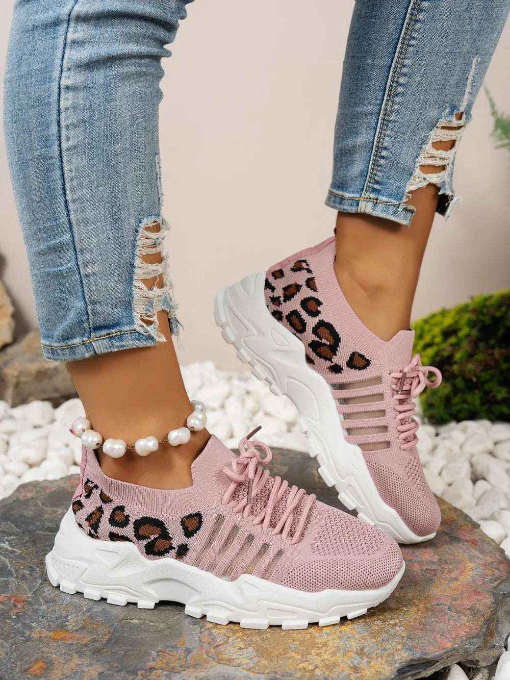 Leopard Cutout Mesh Lace-Up Sneakers - Stylish Flats