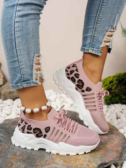 Leopard Cutout Mesh Lace-Up Sneakers - Stylish Flats