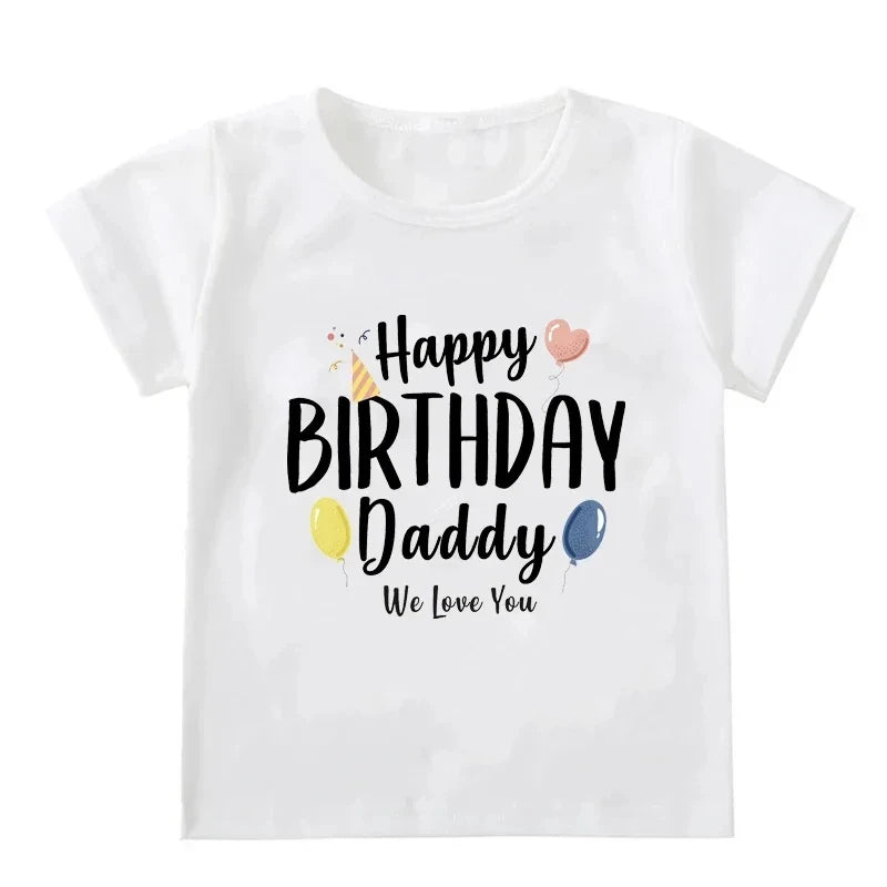 Flat-lay Happy Birthday Daddy shirt – clean white unisex tee, summer-ready celebration style