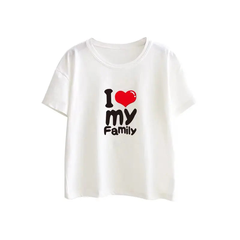 Flat lay of I Love My Family T-shirt – sizes S–4XL & 90–160
