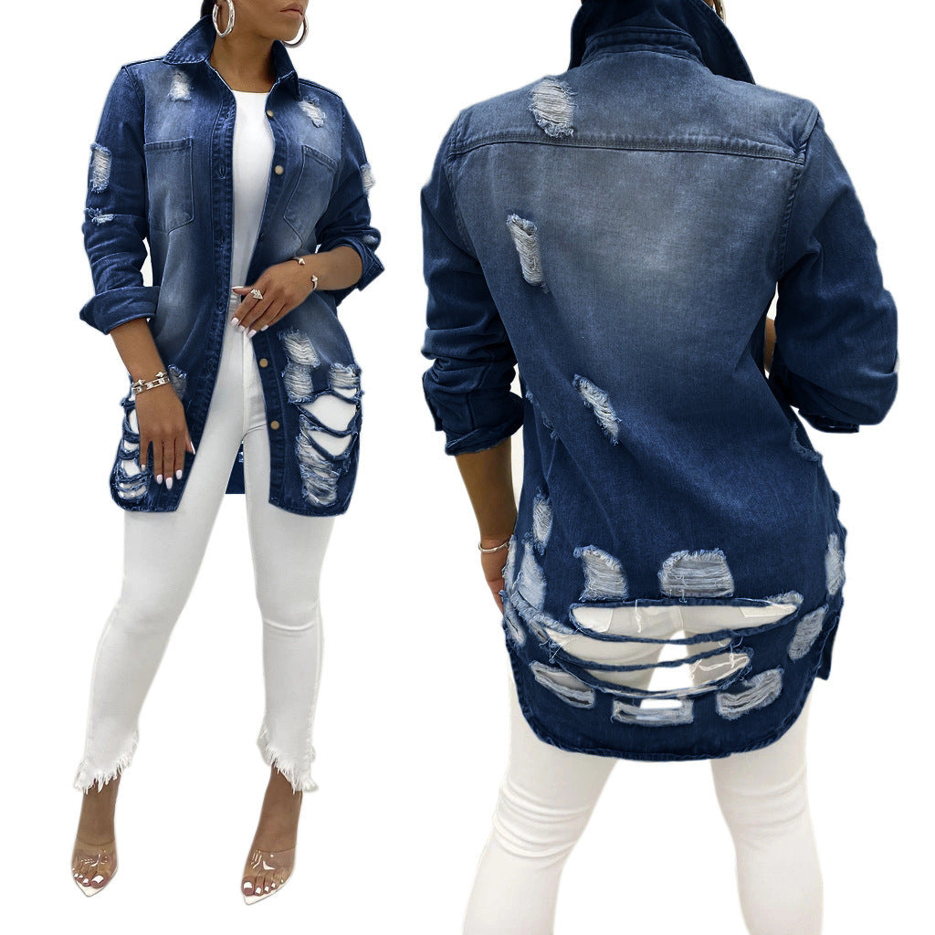Flat lay of Sexy Ripped Denim Jacket in all three colors - black, dark blue, light blue.