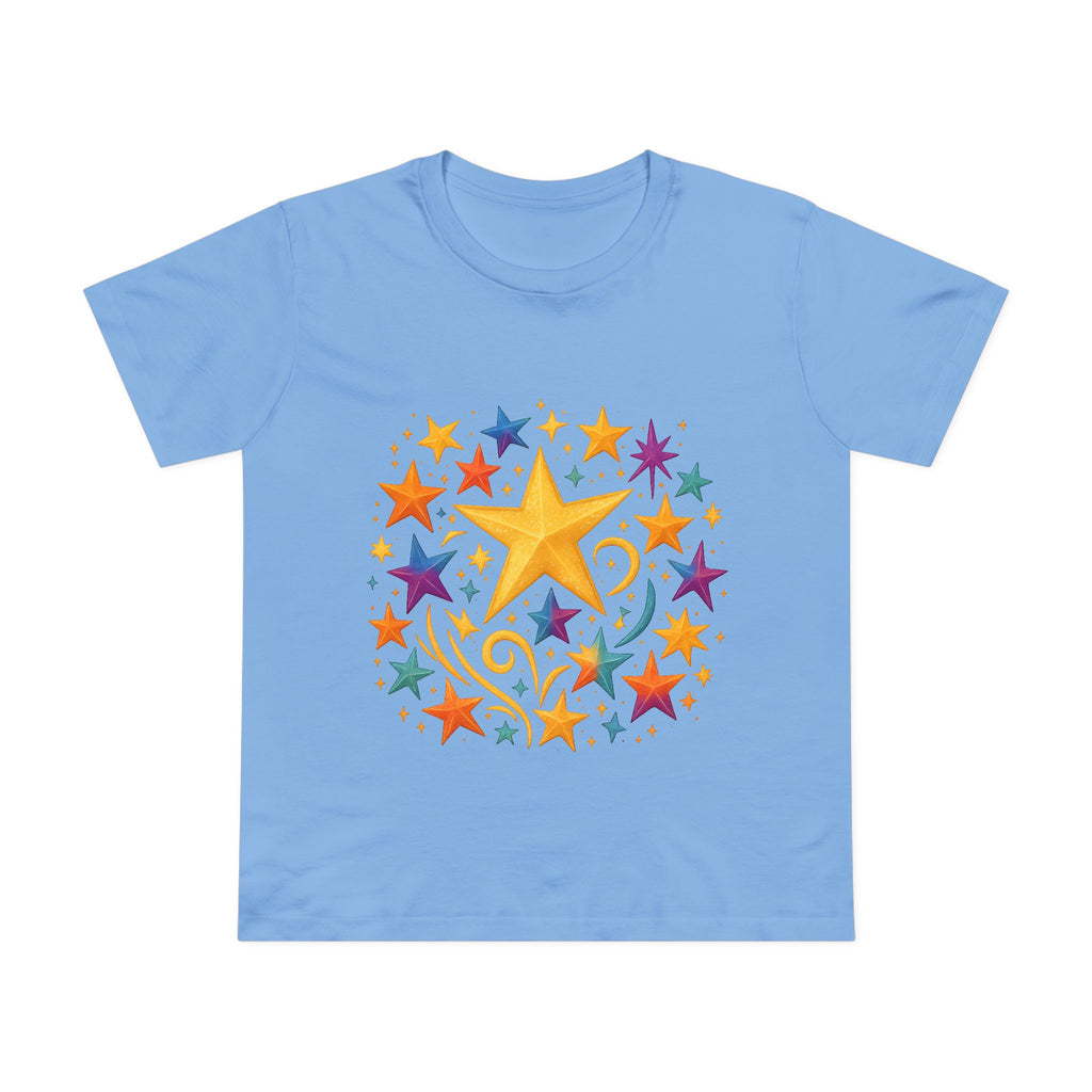Flat lay of blue star graphic shirt showcasing double-needle hems

