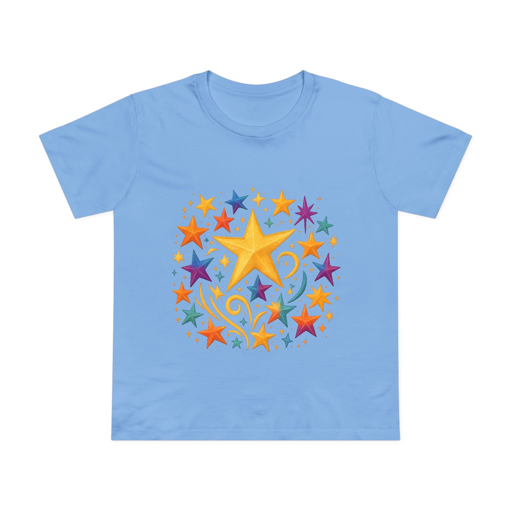 Flat lay of blue star graphic shirt showcasing double-needle hems

