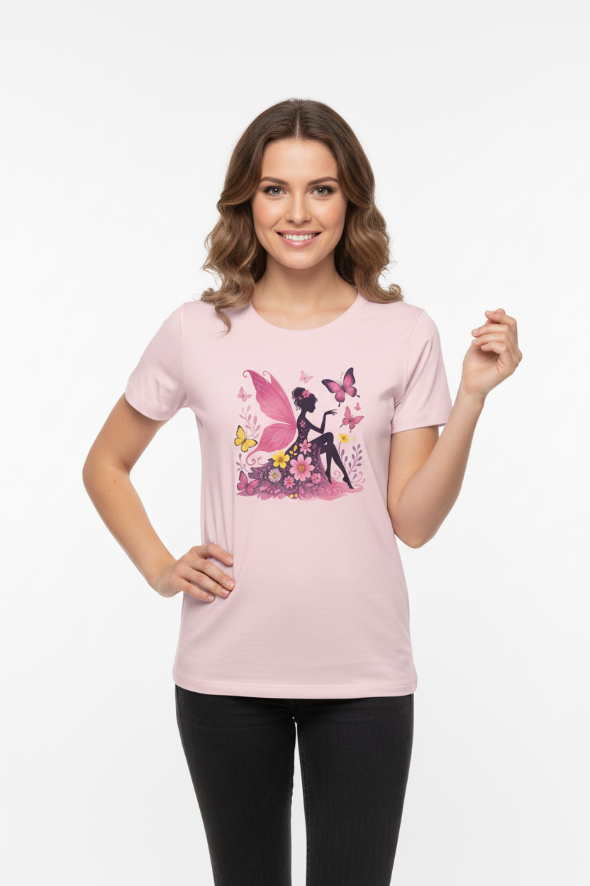 Gift-ready fairy graphic tee in rose, red and pink color options 

