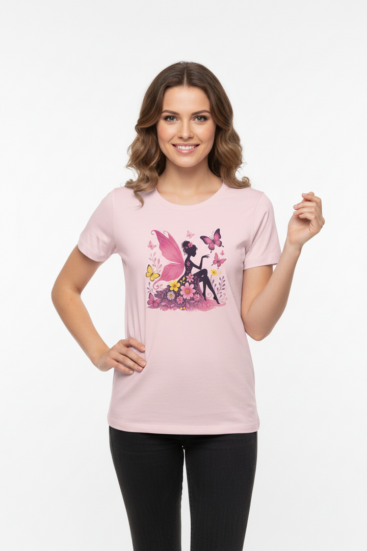 Gift-ready fairy graphic tee in rose, red and pink color options 

