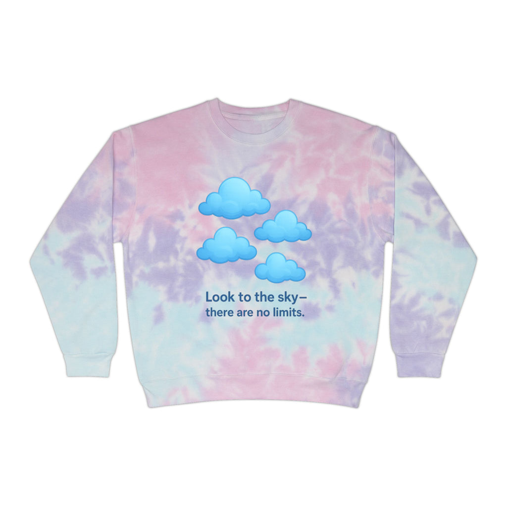 Close-up of cloud-patterned hand-dyed fabric on our unisex cozy pullover, highlighting vibrant dye details.

