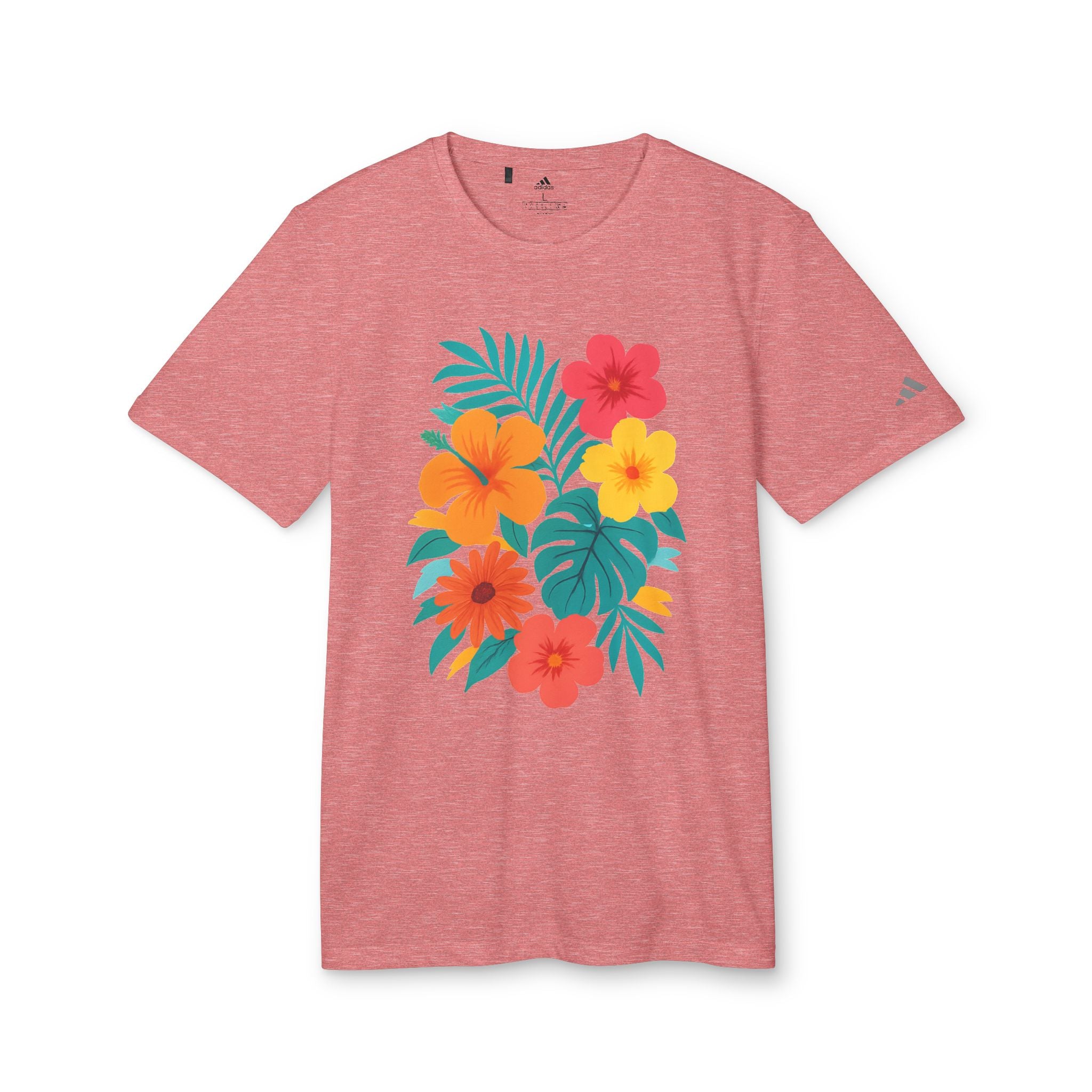 Flat lay of the Tropical Floral Sport T-shirt showcasing its 100% recycled polyester weave.

