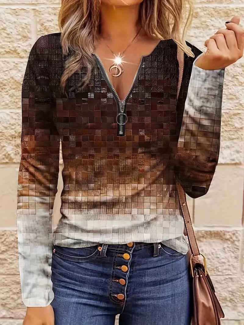 Striped Half Zipper Top for Women  Casual Loose Pullover