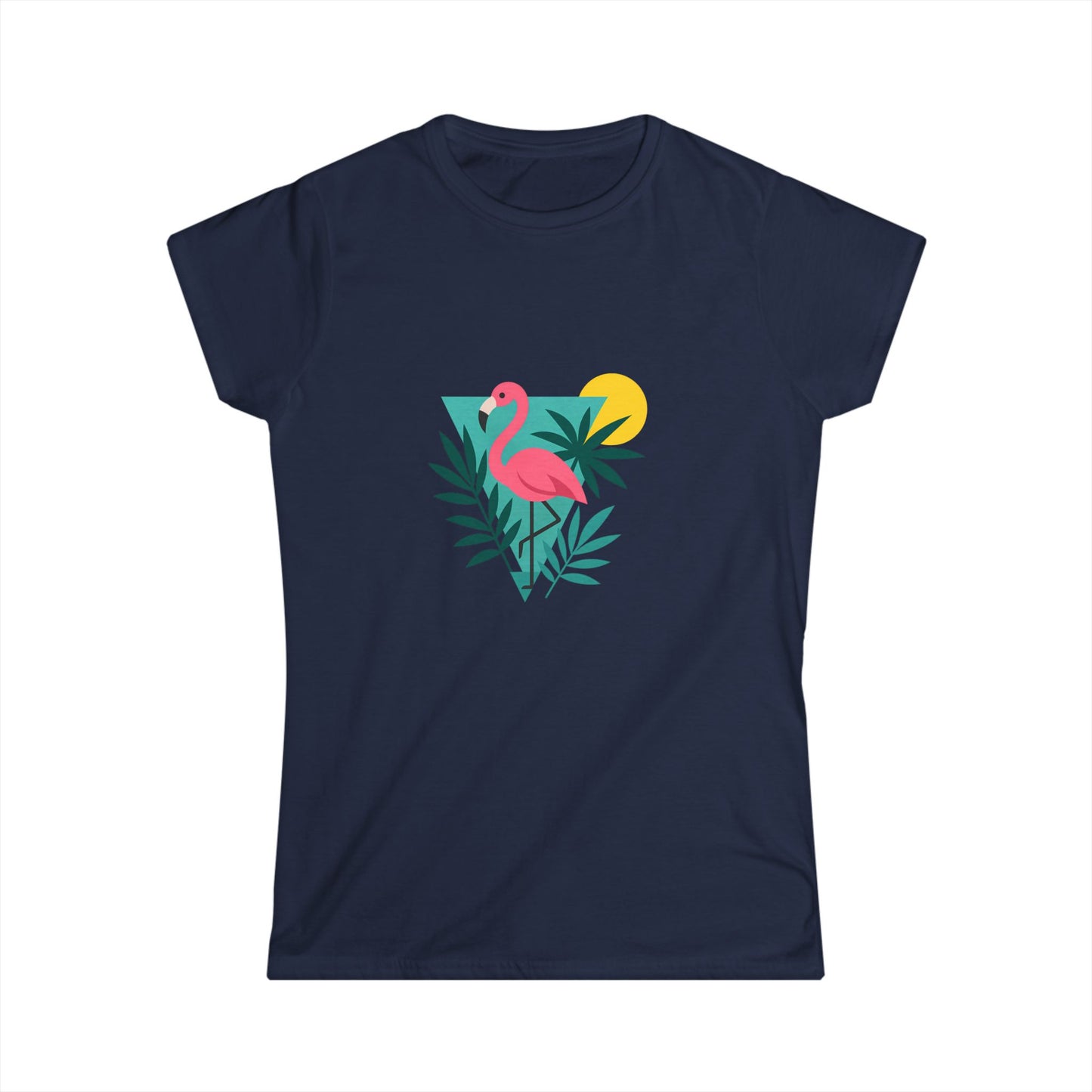 Navy women's tee with pink flamingo graphic