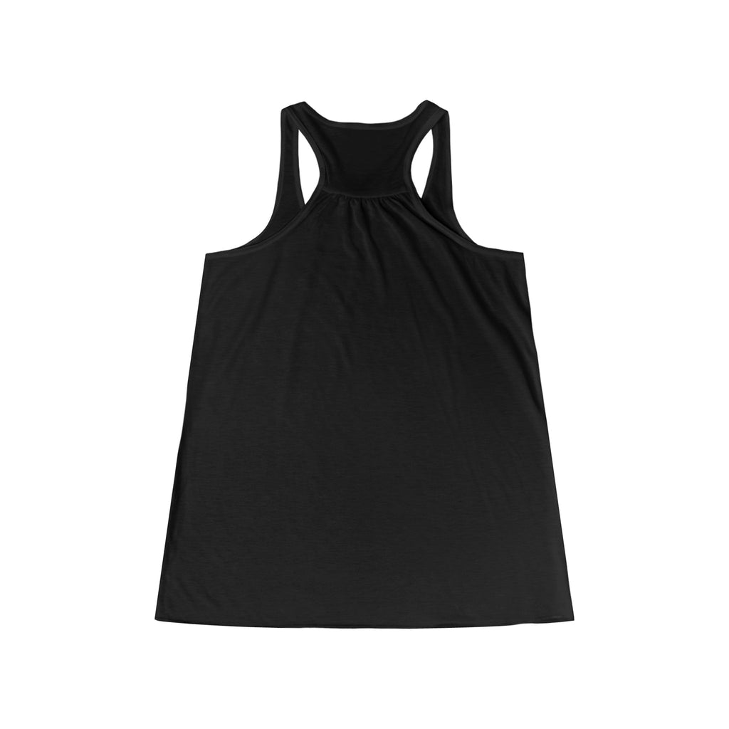 Flowy racerback tank for women featuring bold monochrome graphic art.

