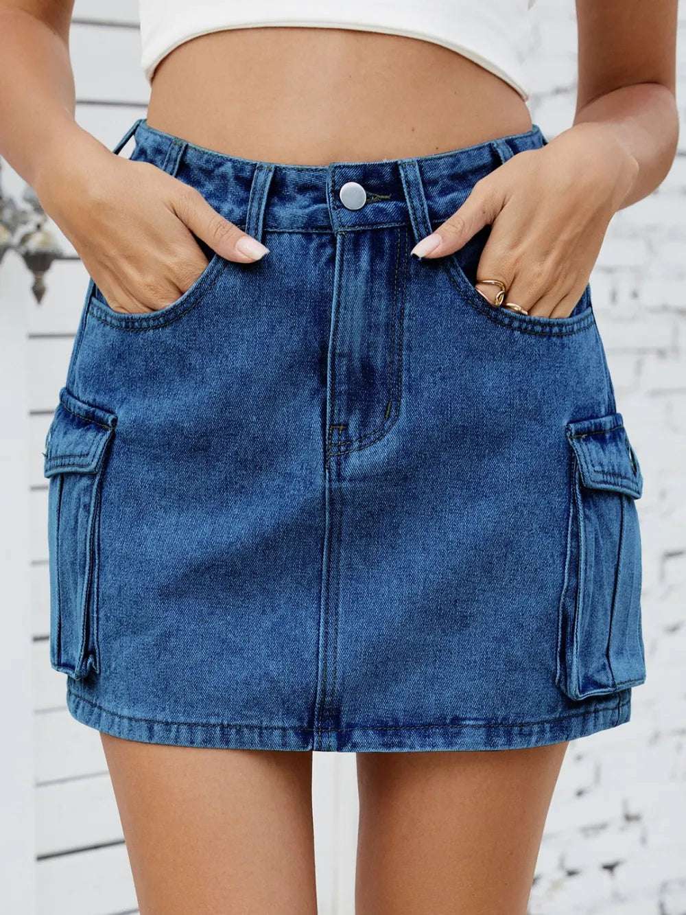 Urban look featuring cargo denim skirt and crossbody bag

