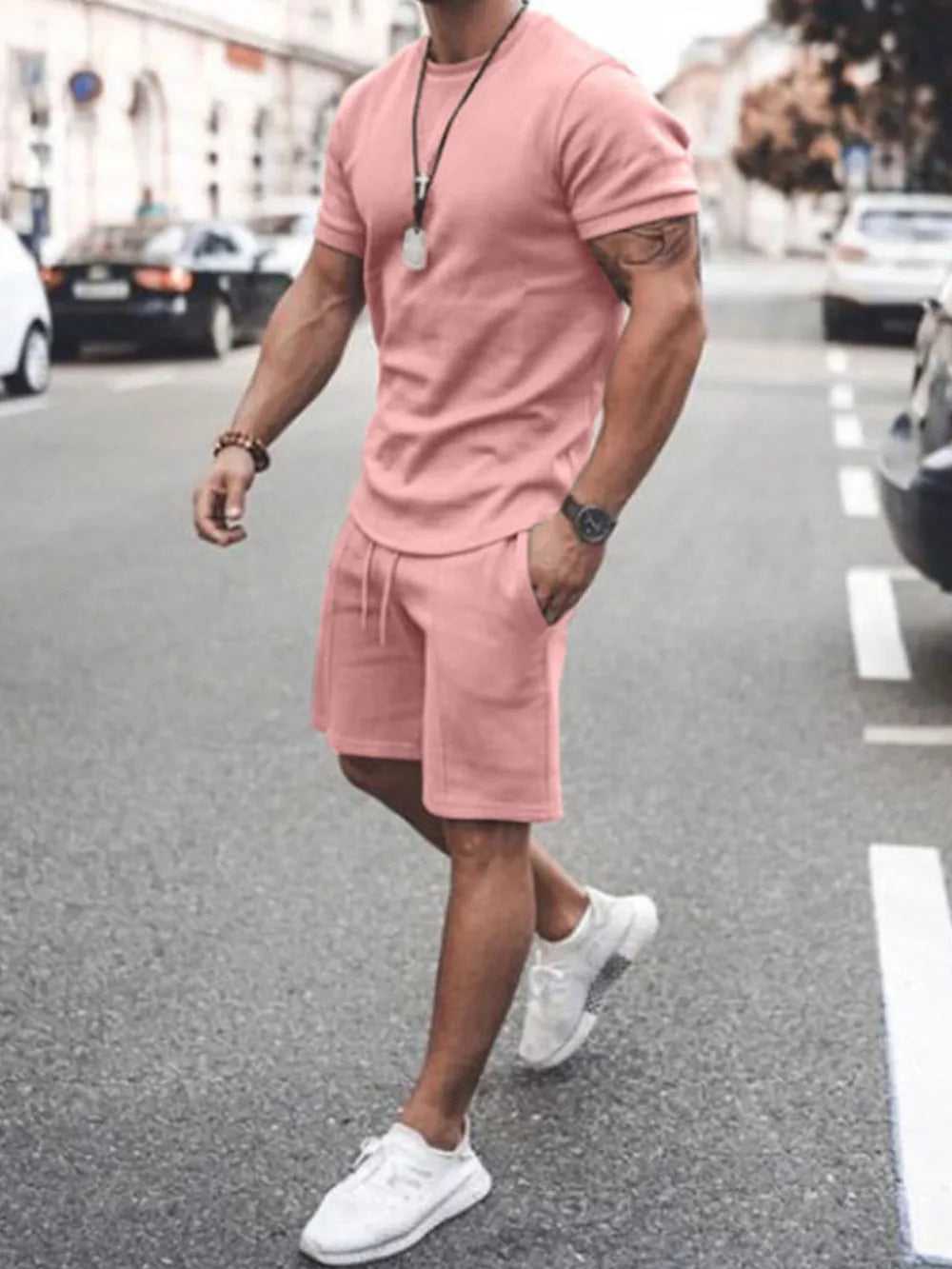 Side angle of men’s plus size 2-piece casual outfit in black

