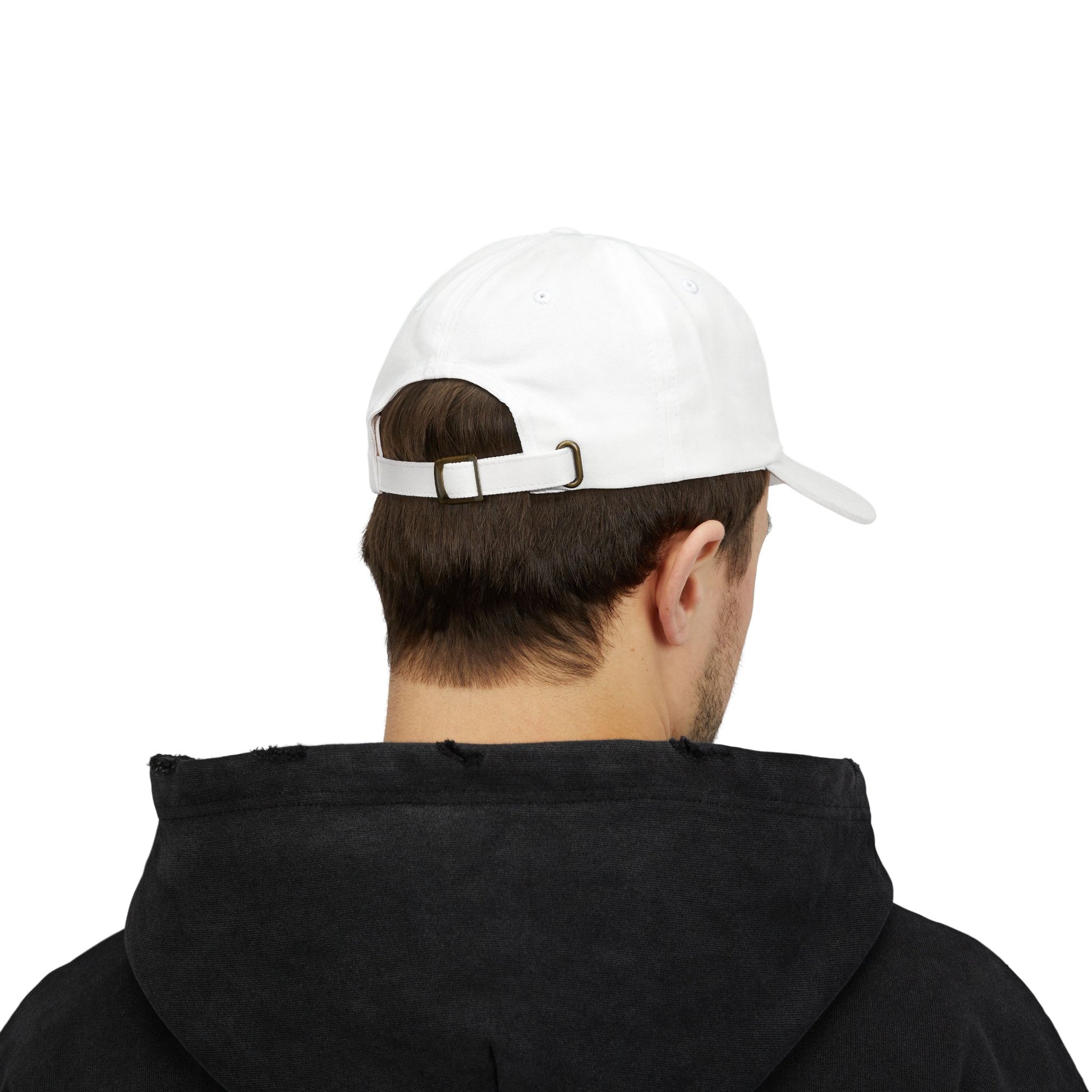 Front-view portrait of a man in a black and a woman in a red cap, both embroidered with a climber on a sunlit mountain and the slogan “Believe in Your Strength,” on a plain white backdrop.







