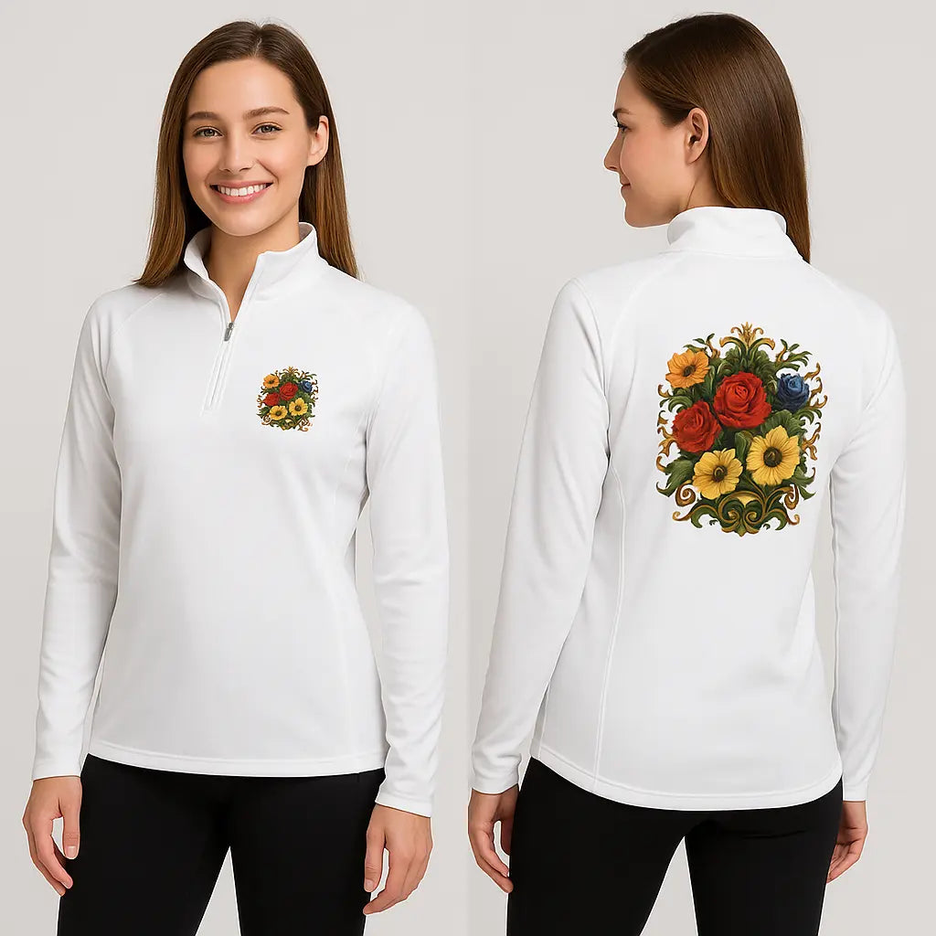 Back view – Floral Ladies Quarter-Zip Pullover featuring bold full-back floral print, dropped-tail coverage and comfy cadet collar