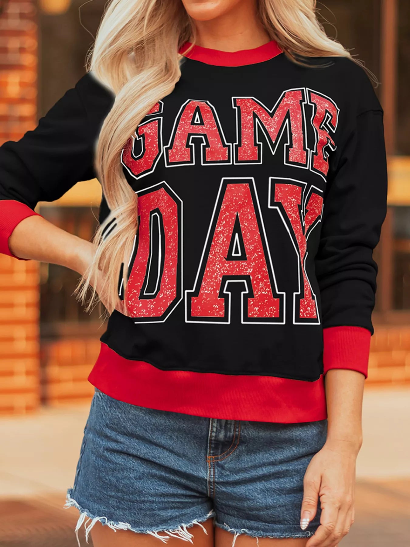 Front view Game Day Letter Graphic Varsity Striped Detail Baggy Women's Sweatshirt in gray
