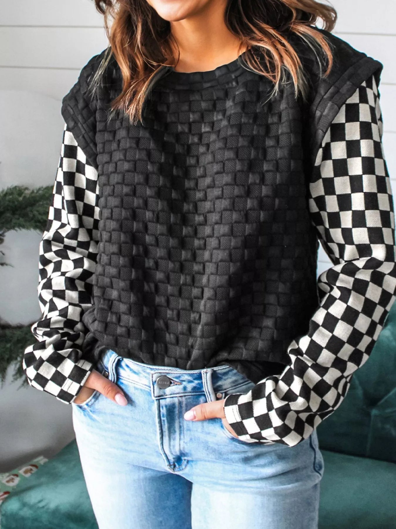 Front view – checkered patchwork long sleeve top with textured contrast