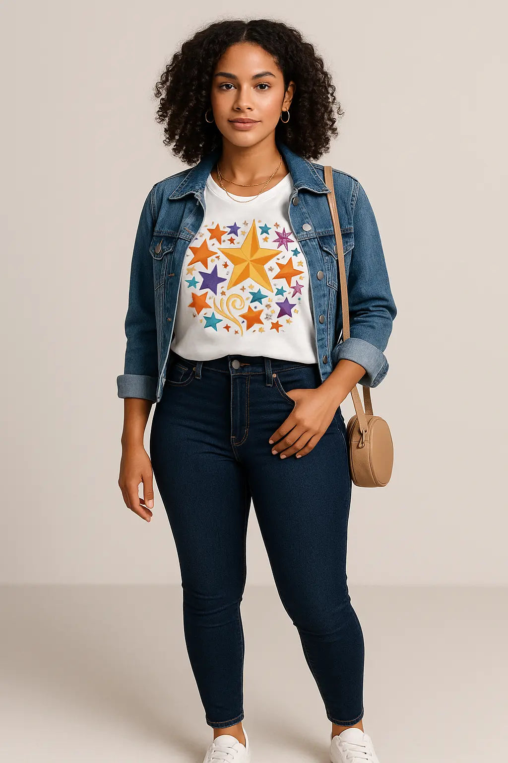 Front view of Women’s Vibrant Star Tee with bright star graphic and relaxed fit


