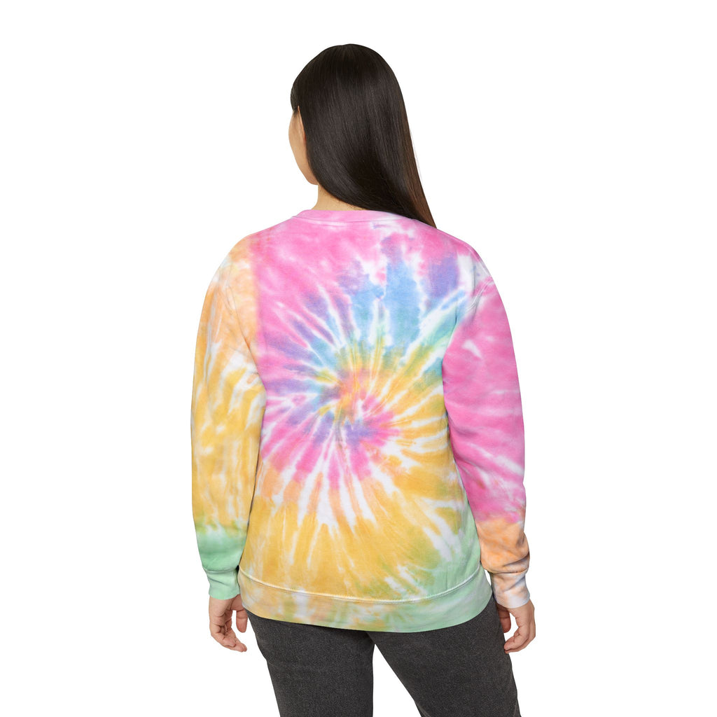 Front view of a man and woman in vibrant tie-dye pullovers with “Look to the sky there are no limits.” text on white.

