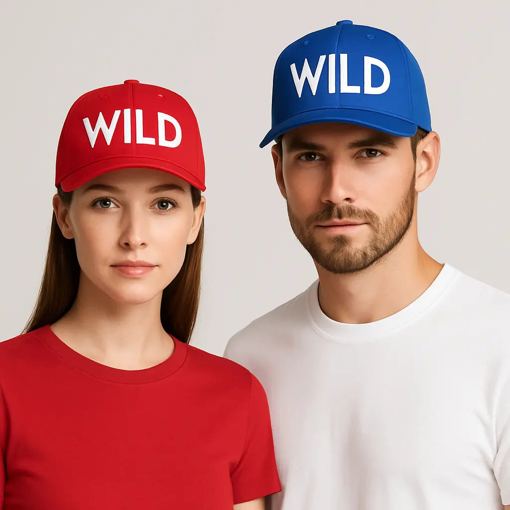 Front view of a woman wearing a red Adidas performance cap labeled “WILD” and a man wearing a blue Adidas performance cap labeled “WILD” in a sporty pose.
