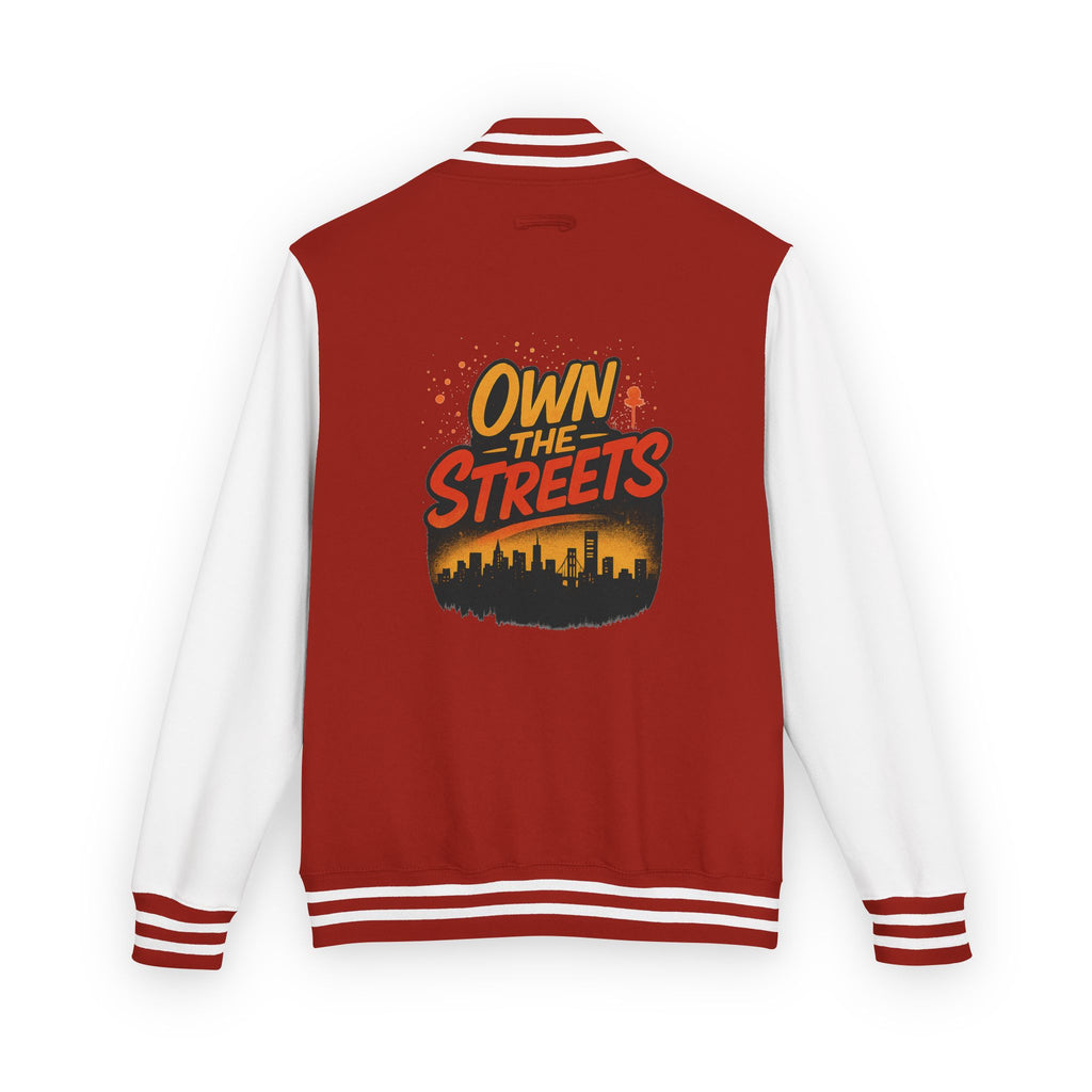 Front view of the unisex letterman jacket in charcoal gray, styled for a modern, polished casual outfit

