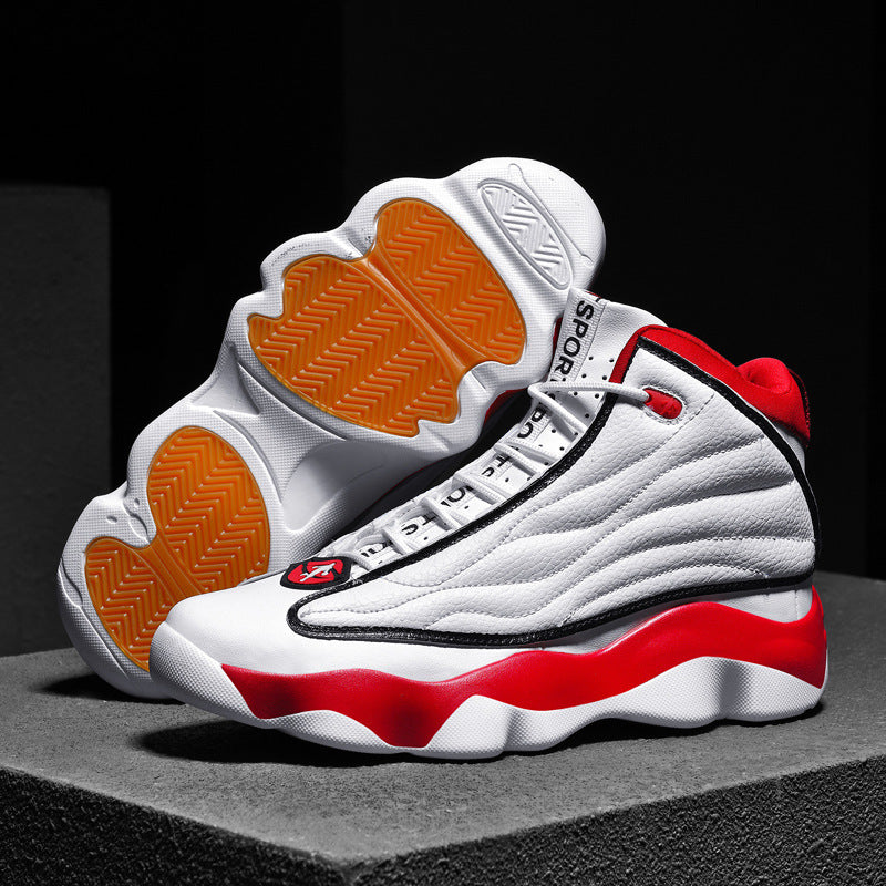 Front view of the white and blue men's high-top basketball shoes, highlighting the secure front lace-up design for a perfect fit.

