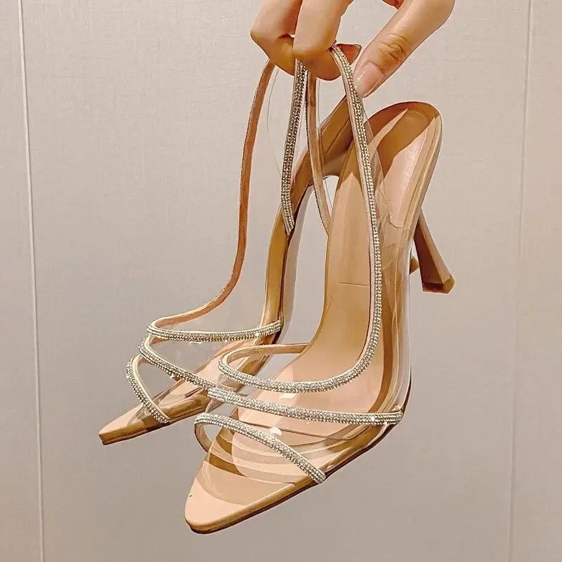 Front view – rhinestone slingback pumps, clear PVC, 9 cm heel
