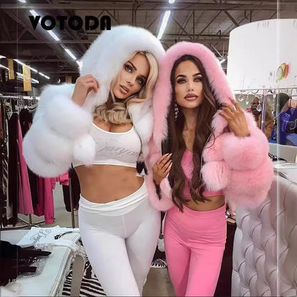 Front view – short hooded faux fur coat, plush finish, S–6XL