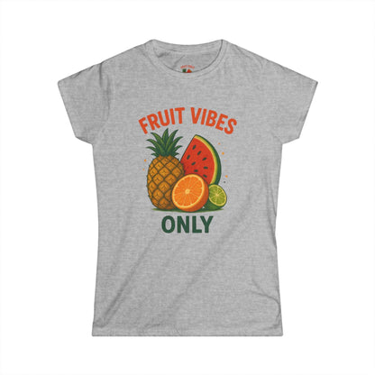 Gray women's tee with tropical fruit graphic and text