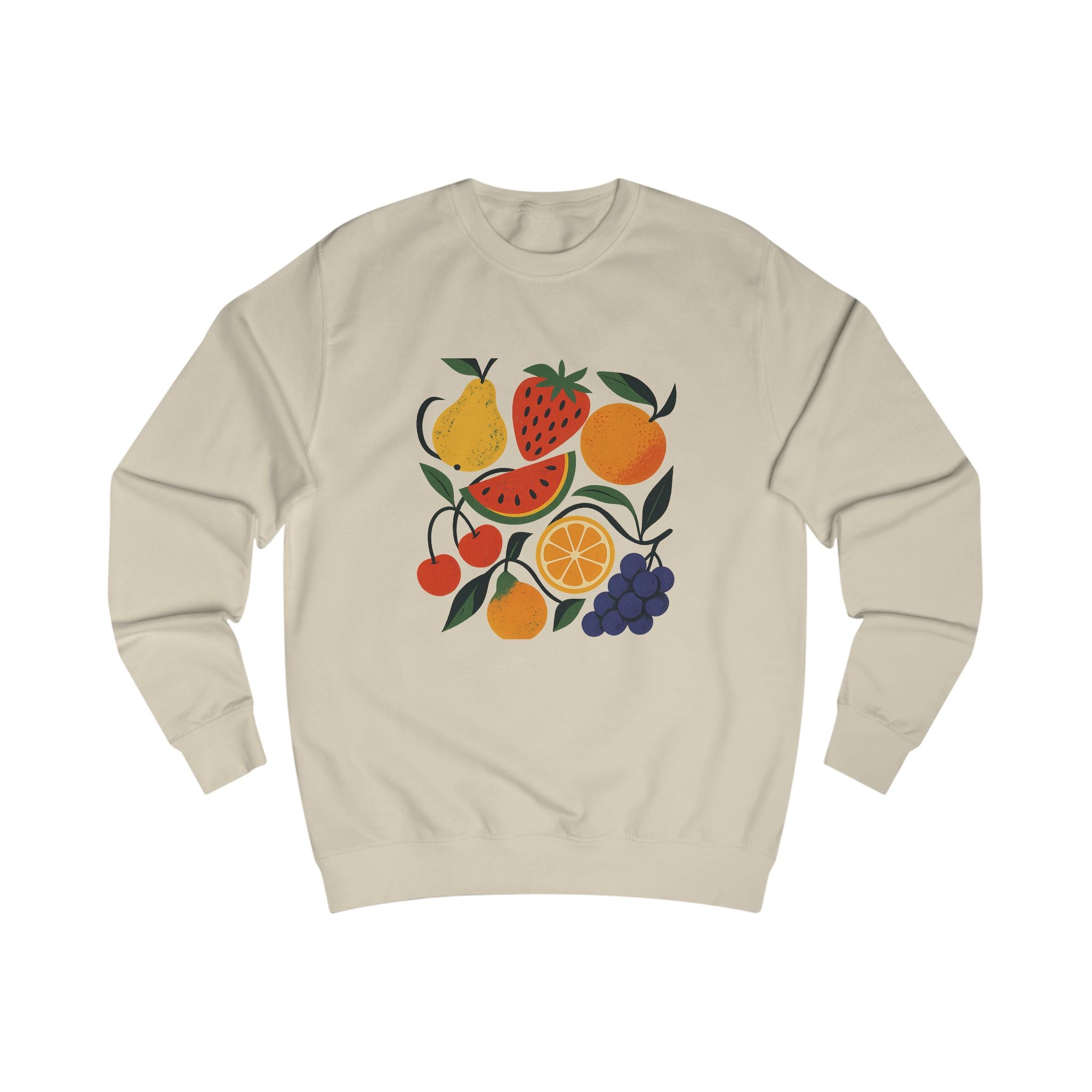 Comfortable cotton-poly sweatshirt with fruit motif, versatile casual wear

