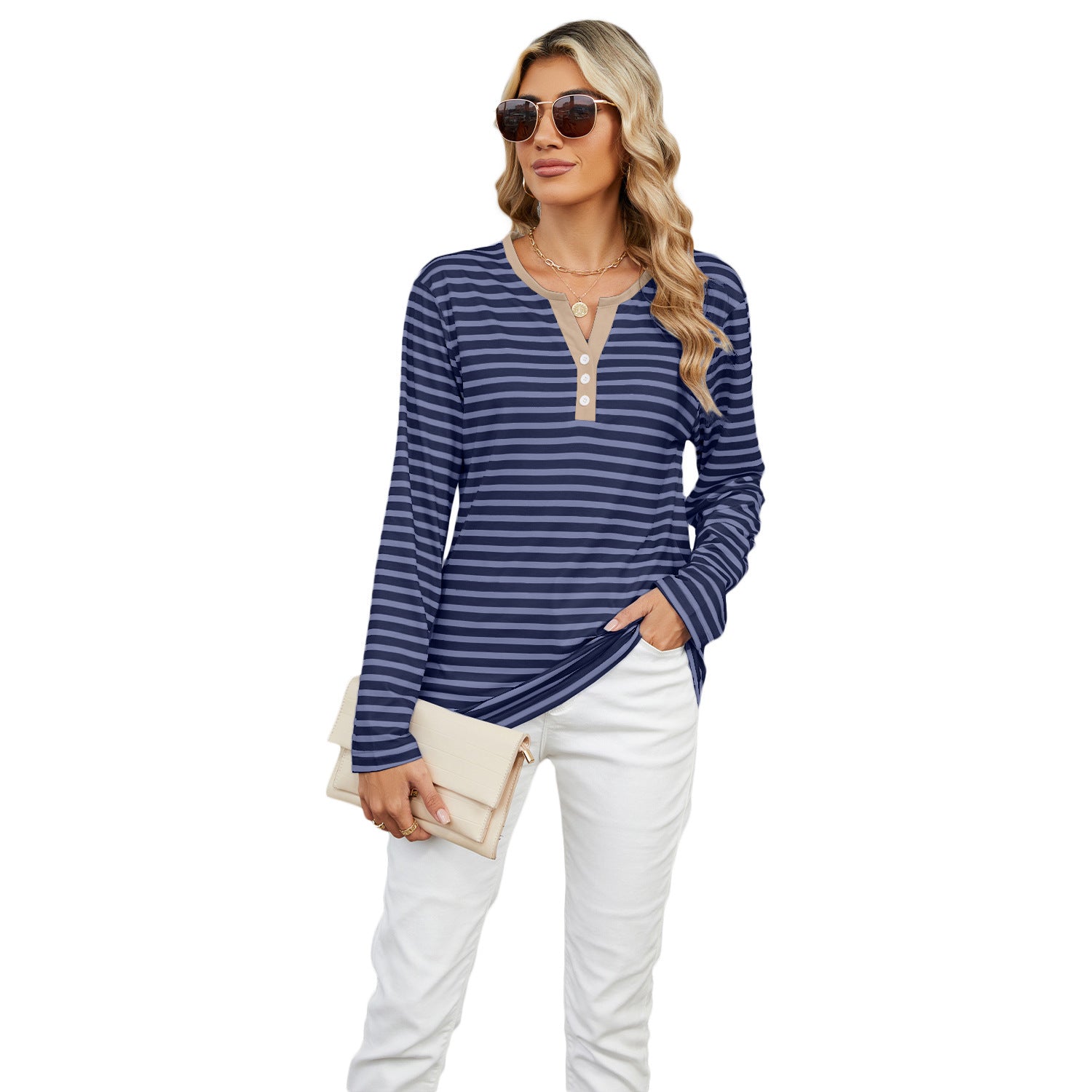 Full collection view of the Striped V-neck T-shirt in all available colors: from classic black to bold rose green stripes.

