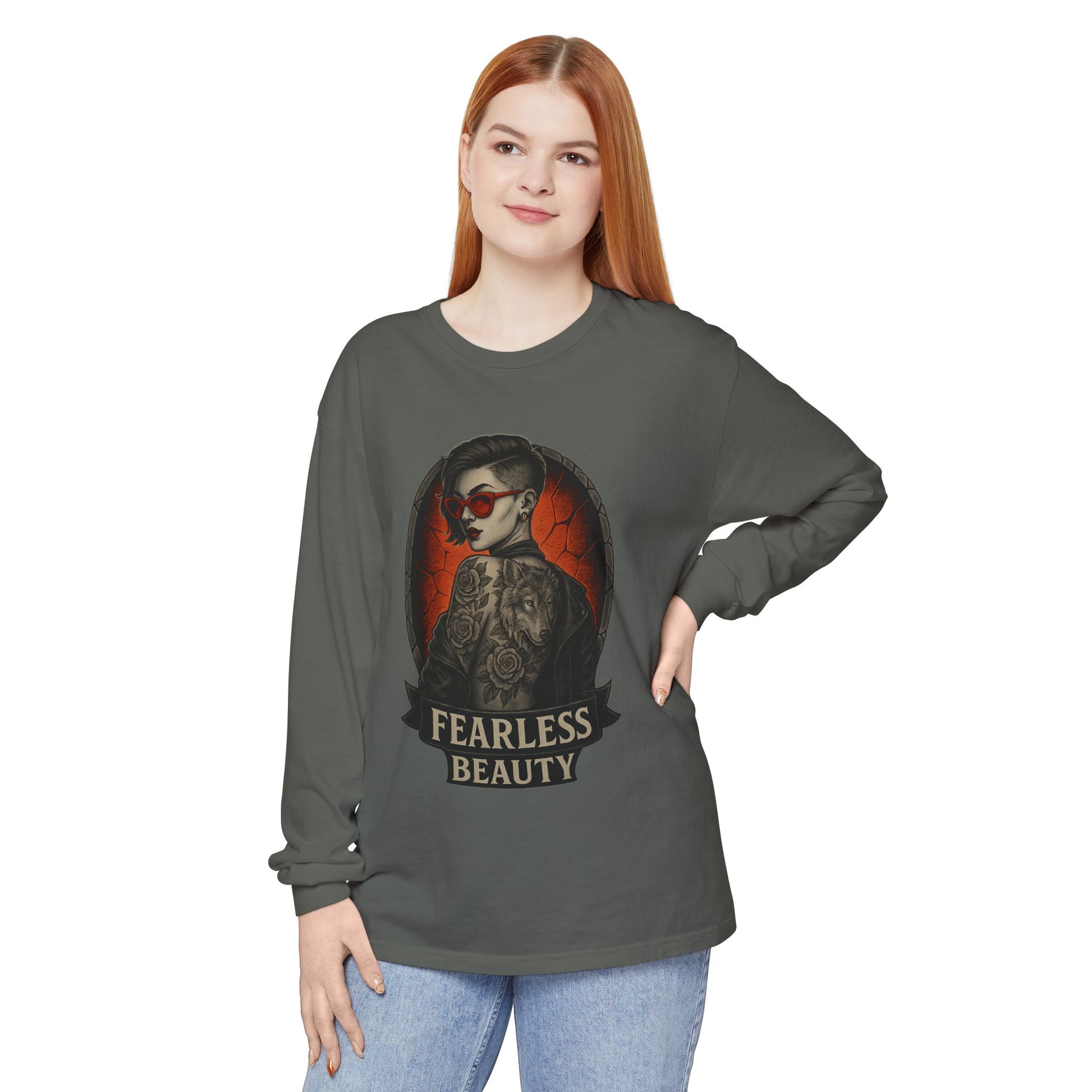 Unique unisex t-shirt showing fearless beauty design on chest

