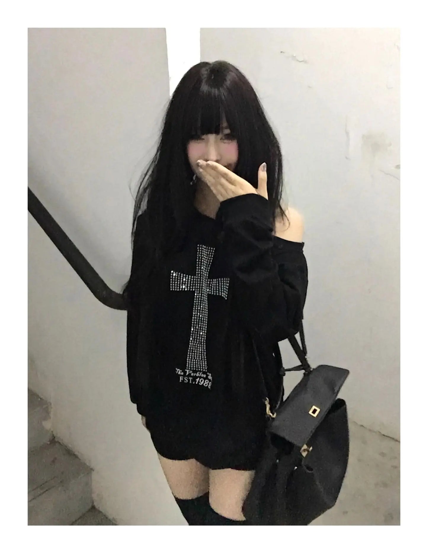 Geometric Cross on Women's Y2K One-Shoulder Hoodie: Black Harajuku Sweatshirt for Night Vibes (90 characters)