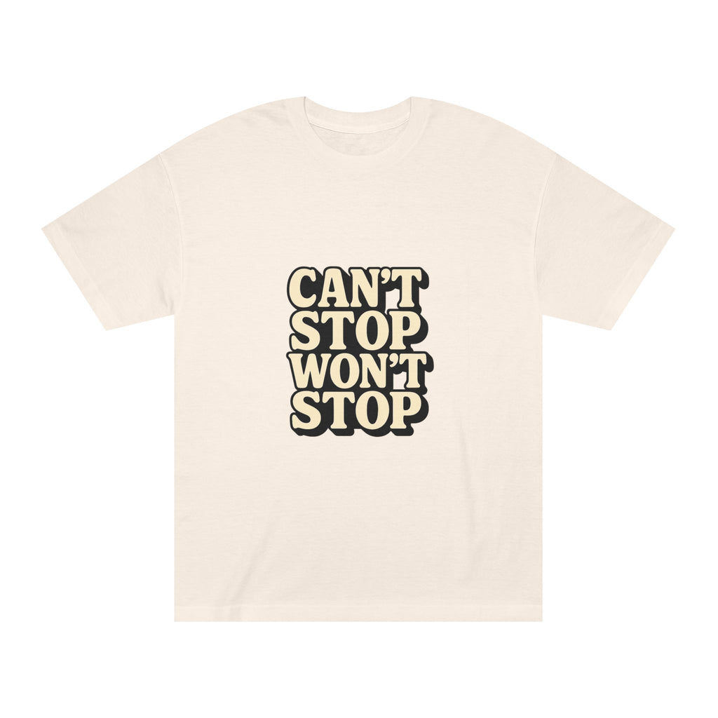 Lifestyle shot of couple wearing matching Can't Stop Won’t Stop t-shirts

