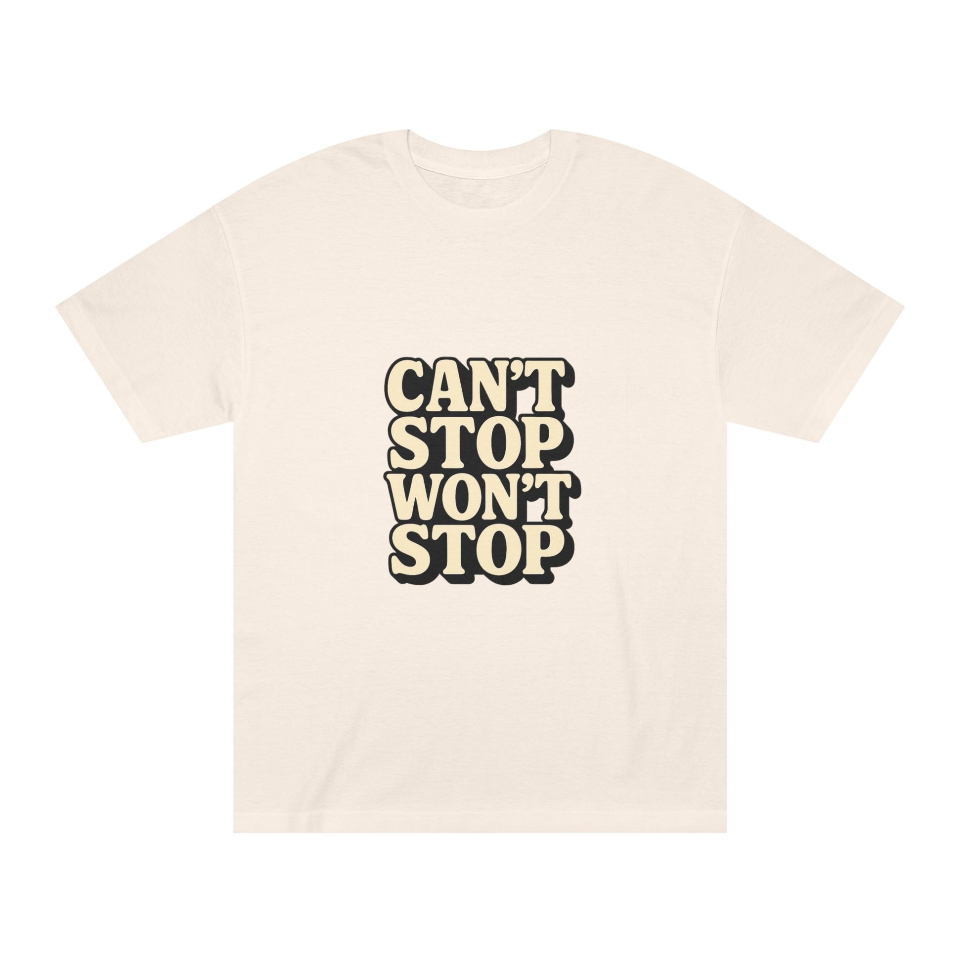 Lifestyle shot of couple wearing matching Can't Stop Won’t Stop t-shirts

