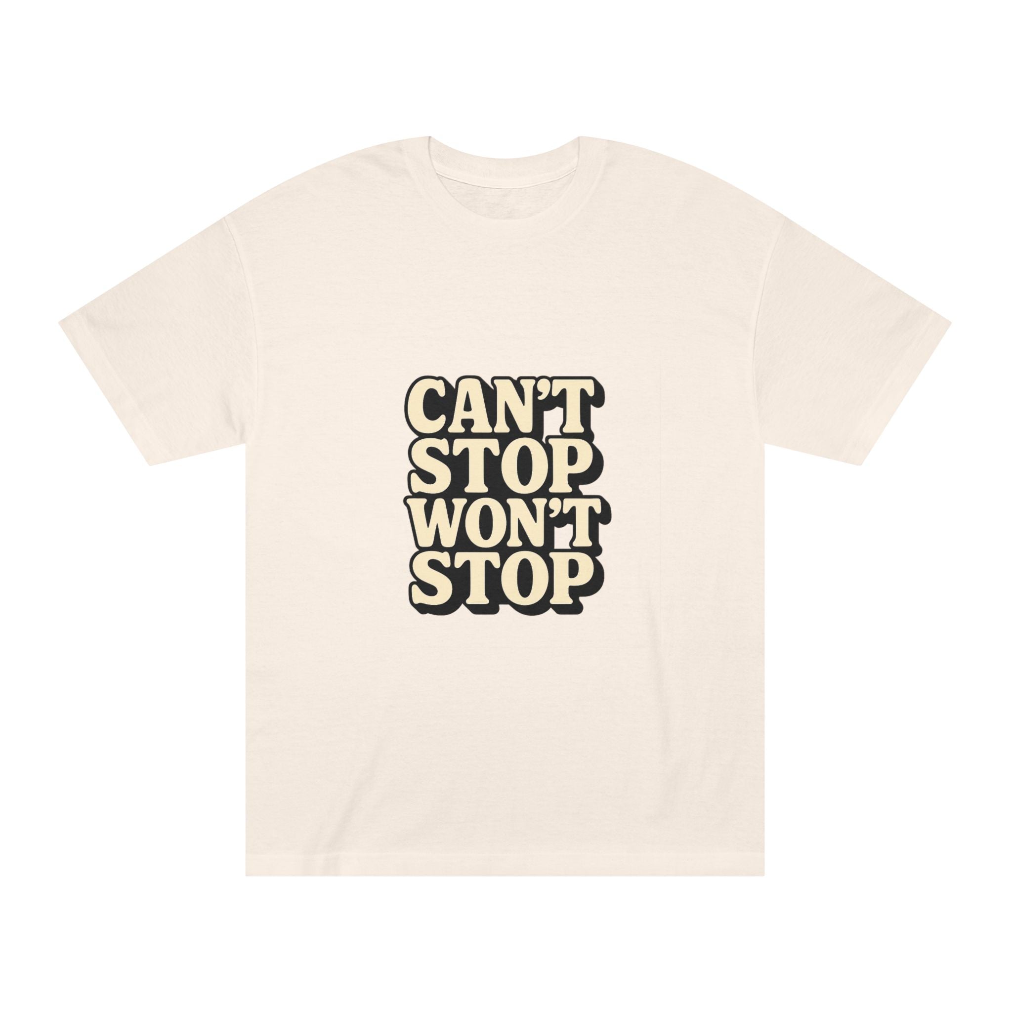 Lifestyle shot of couple wearing matching Can't Stop Won’t Stop t-shirts

