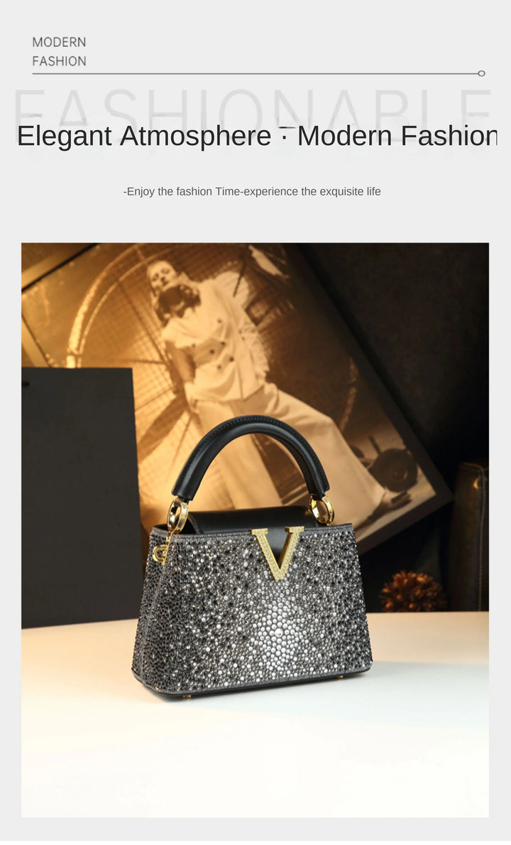 Gold V-accent leather crossbody – evening look