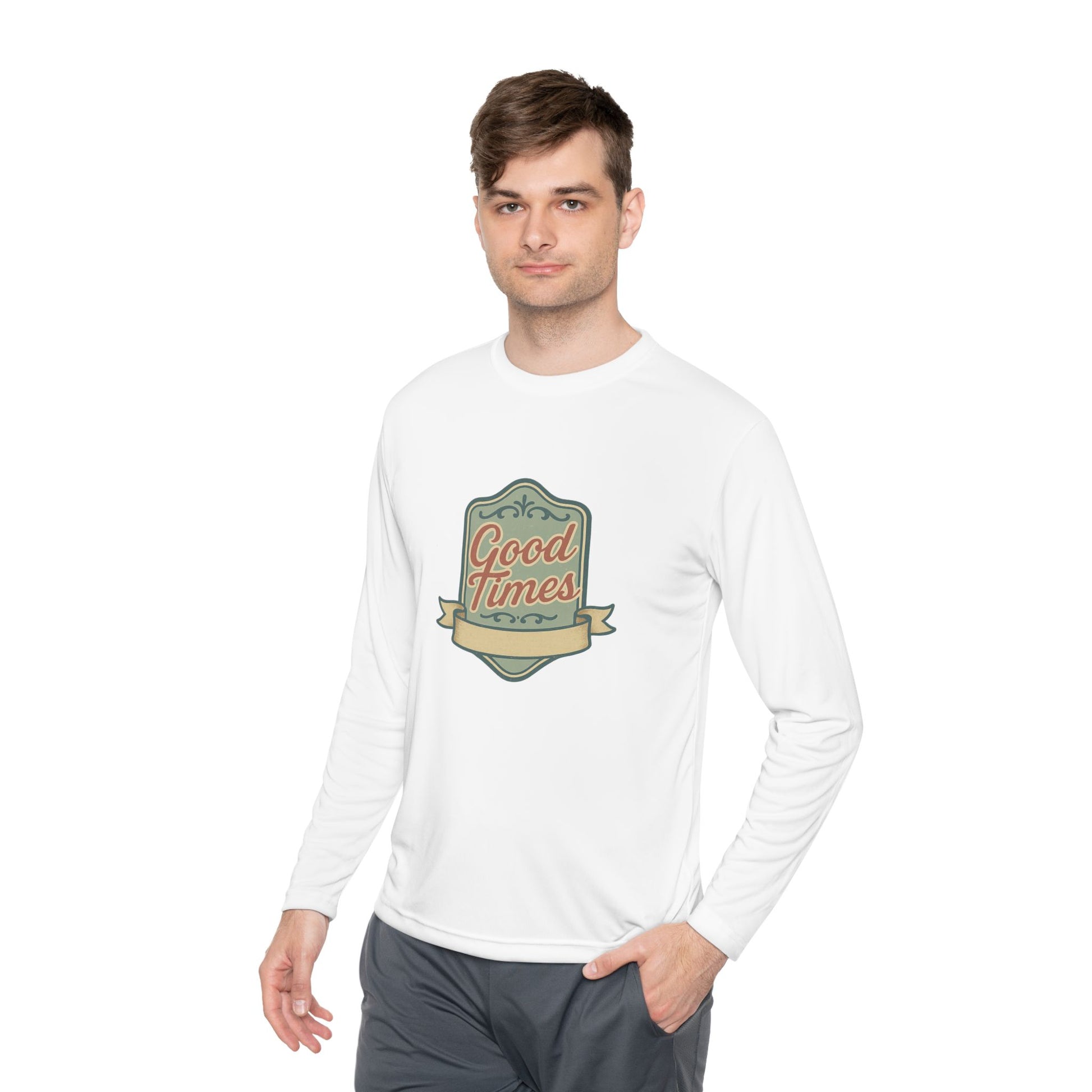 Good Times printed shirts modeled by male and female

