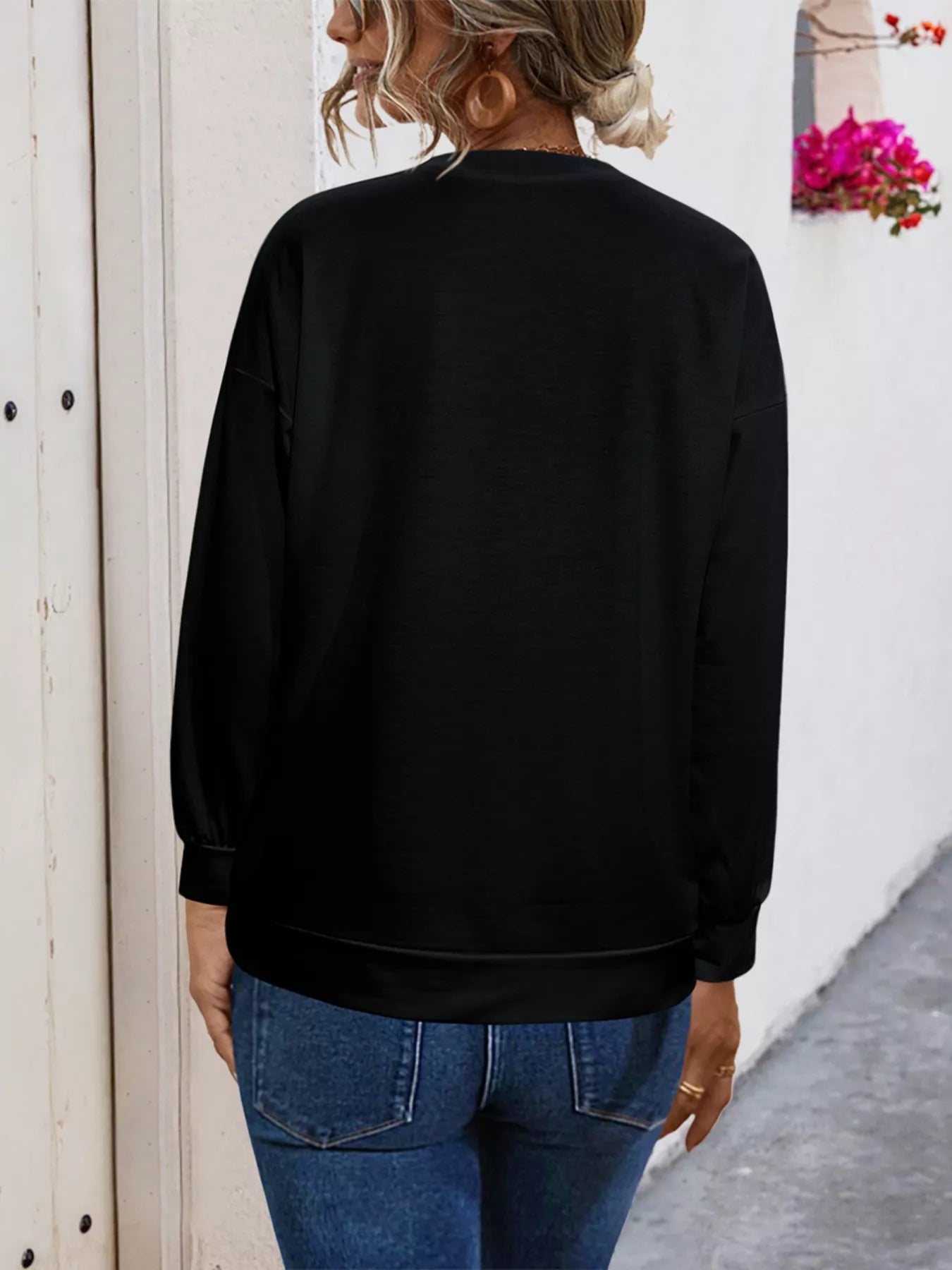 Graphic Round Neck Dropped Shoulder T-Shirt – back view & relaxed silhouette for women