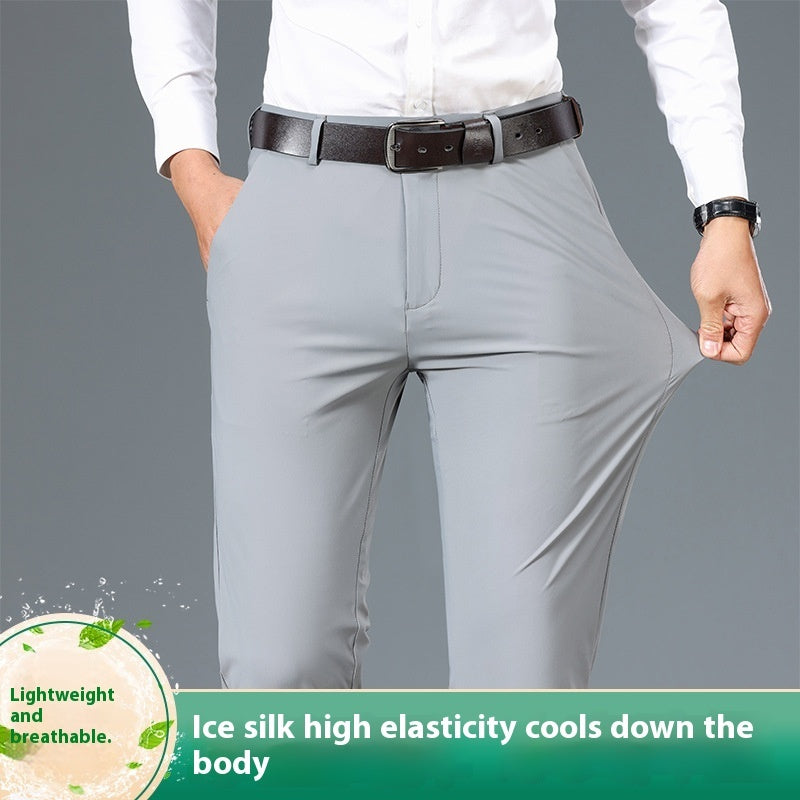 Gray High Elastic Jinammonia Ice Silk Casual Pants on Model – Perfect Leisure Pants for Warm Days