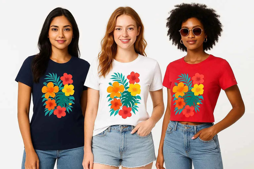 Three models wear Bloom Active: Tropical Floral Sport Tee in navy, white, and red with Endless Summer print.