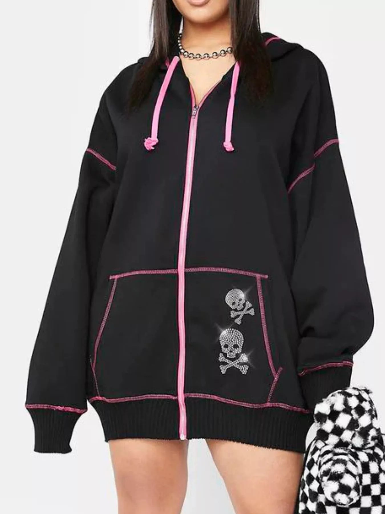Group photo featuring Women's Halloween Zip-Up Drawstring Hoodie in various sizes, from S to XL, with drawstring adjusted for personalized fit.